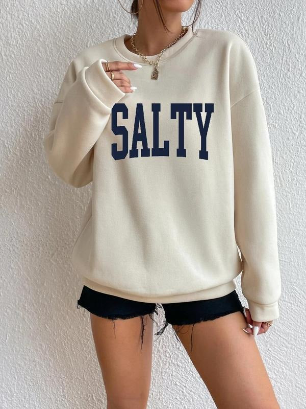 Women'WB shield "SALTY" Letter Print Crewneck Sweatshirt Without Necklace, Casual Fashion Drop Shoulder Long Sleeve...