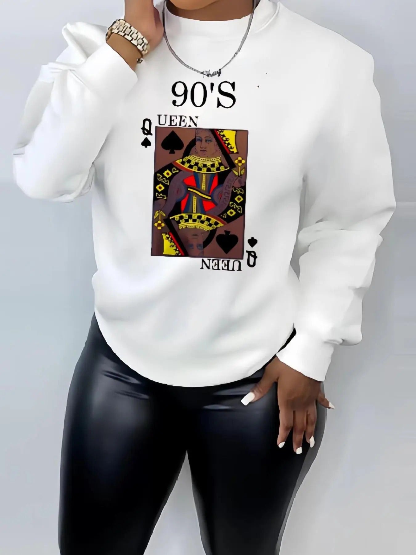 Women'WB shield "Spiky hair fighters'WB shield" & Playing Card Print Drop Shoulder Sweatshirt, Casual Long Sleeve Round...