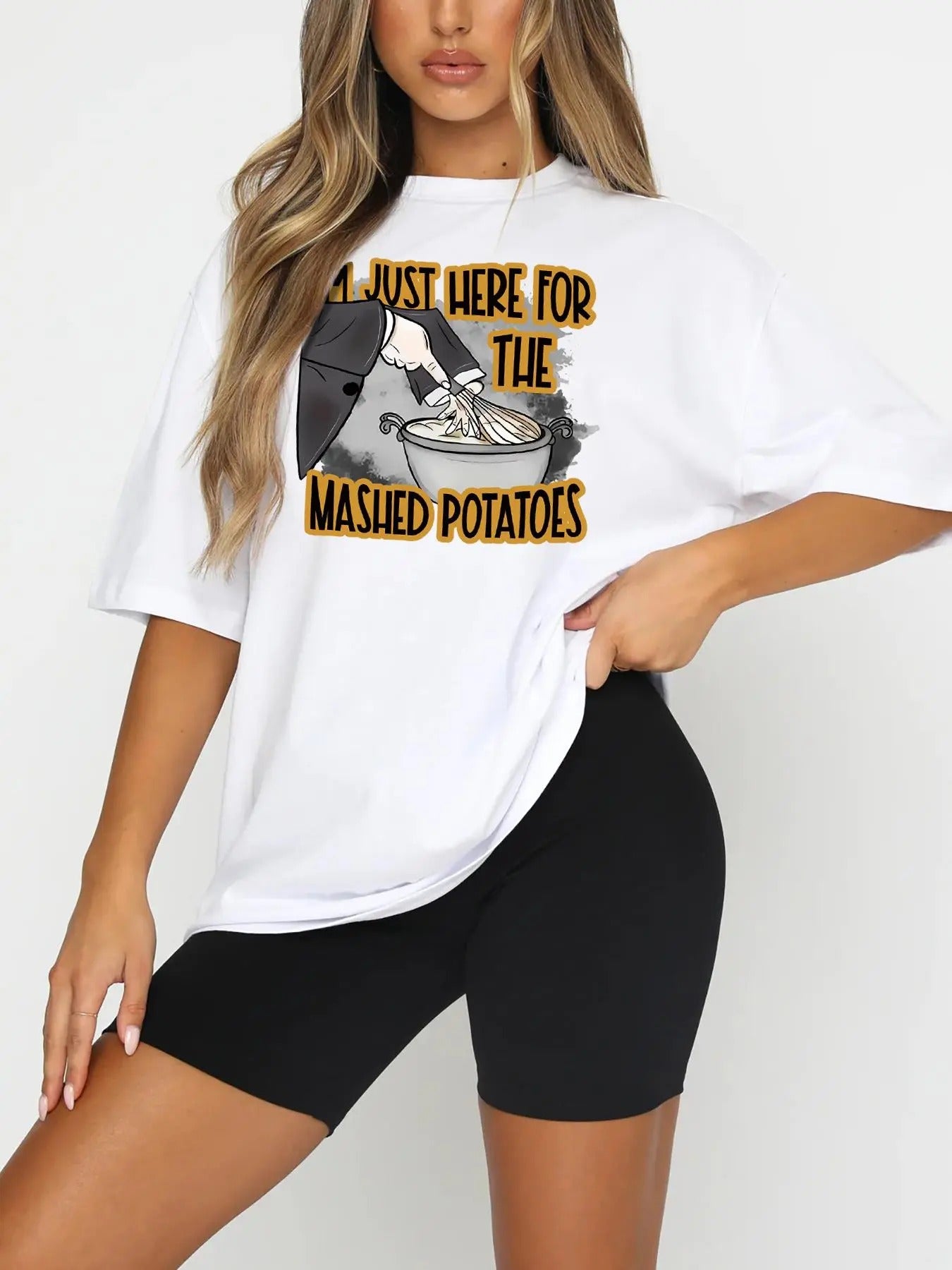 Women'WB shield "Swoosh'Bat brand JUST HERE FOR TNF MASHED POTATOES" Print Round Neck Tee, Trendy Casual Round Neck Drop...