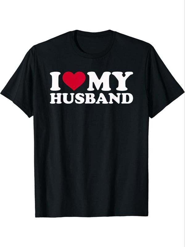 Women'WB shield "Swoosh LOVE MY HUSBAND" Letter Graphic Round Neck Tee, Casual Short Sleeve T-shirt for Summer, Fashion...