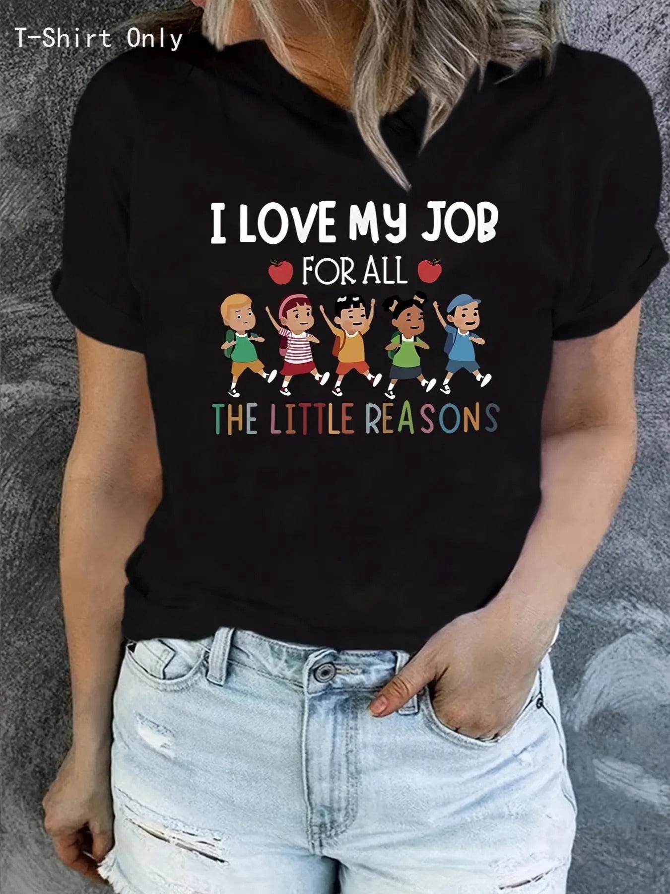 Women'WB shield "Swoosh LOVE MY JOB" Cartoon & Letter Print Round Neck Tee, Fashion Casual Short Sleeve T-Shirt for Daily...