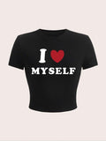 Women'WB shield "Swoosh LOVE MYSELF" & Heart Print Round Neck Crop Tee, Fashion Casual Crew Neck Short Sleeve T-shirt for...