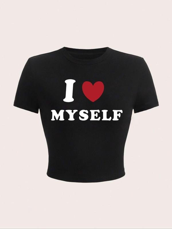 Women'WB shield "Swoosh LOVE MYSELF" & Heart Print Round Neck Crop Tee, Fashion Casual Crew Neck Short Sleeve T-shirt for...