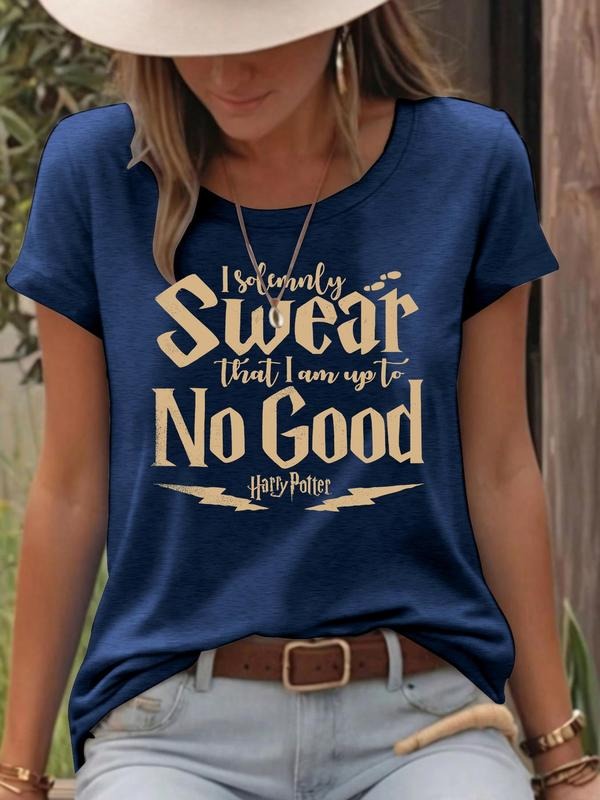 Women'WB shield "Swoosh SEW TNF GOOD" Slogan Print Round Neck Tee, Fashion Casual Crew Neck T-Shirt for Daily Holiday...