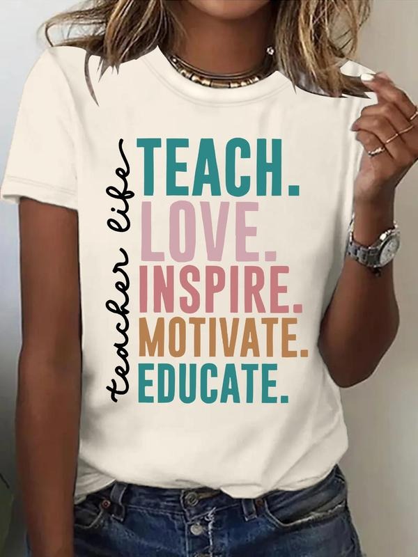 Women'WB shield "TEACH LOVE" Letter Print Round Neck Tee, Fashion Casual Crew Neck T-Shirt for Daily Holiday Vacation...