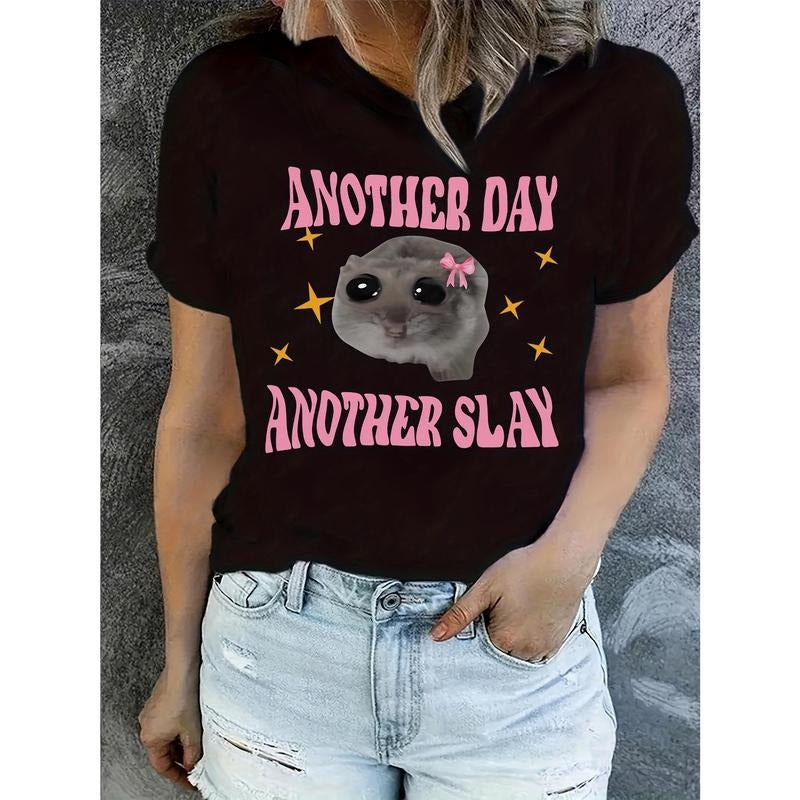 Women'WB shield "TNF Day TNF Breathing styles" Hamster Graphic Tee - Casual Black Polyester T-Shirt with Pink Accents,...