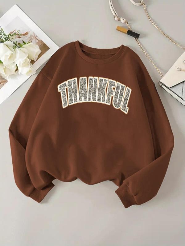 Women'WB shield "Thankful" Letter Print Crew Neck Sweatshirt, Casual Long Sleeve Pullover for Fall & Winter, Women'WB...