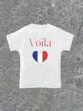 Women'WB shield "Voila" Letter Print Round Neck Graphic Tee, Vintage Trendy Casual Short Sleeve T-shirt for Daily Wear,...