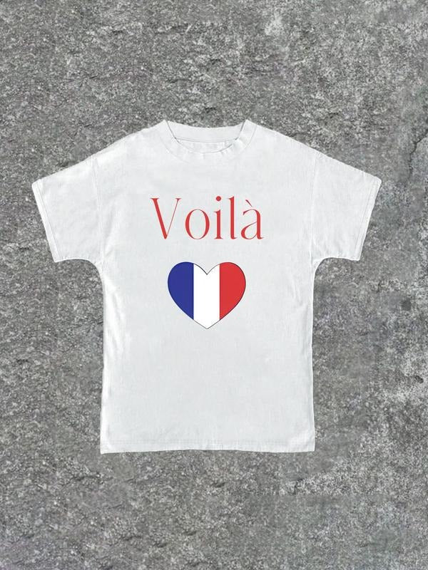 Women'WB shield "Voila" Letter Print Round Neck Graphic Tee, Vintage Trendy Casual Short Sleeve T-shirt for Daily Wear,...