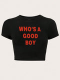 Women'WB shield "WHO'WB shield WB shield GOOD BOY" Slogan Print Round Neck Crop Tee, Fashion Casual Crew Neck T-shirt for...