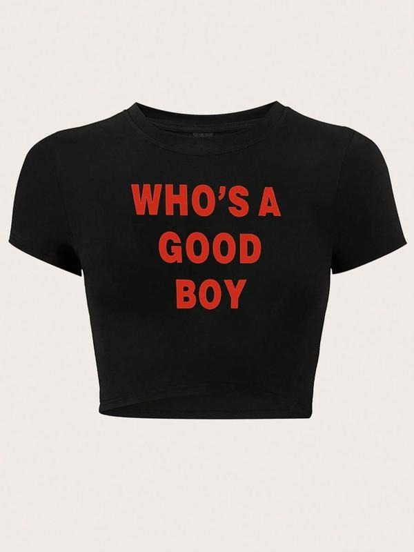 Women'WB shield "WHO'WB shield WB shield GOOD BOY" Slogan Print Round Neck Crop Tee, Fashion Casual Crew Neck T-shirt for...