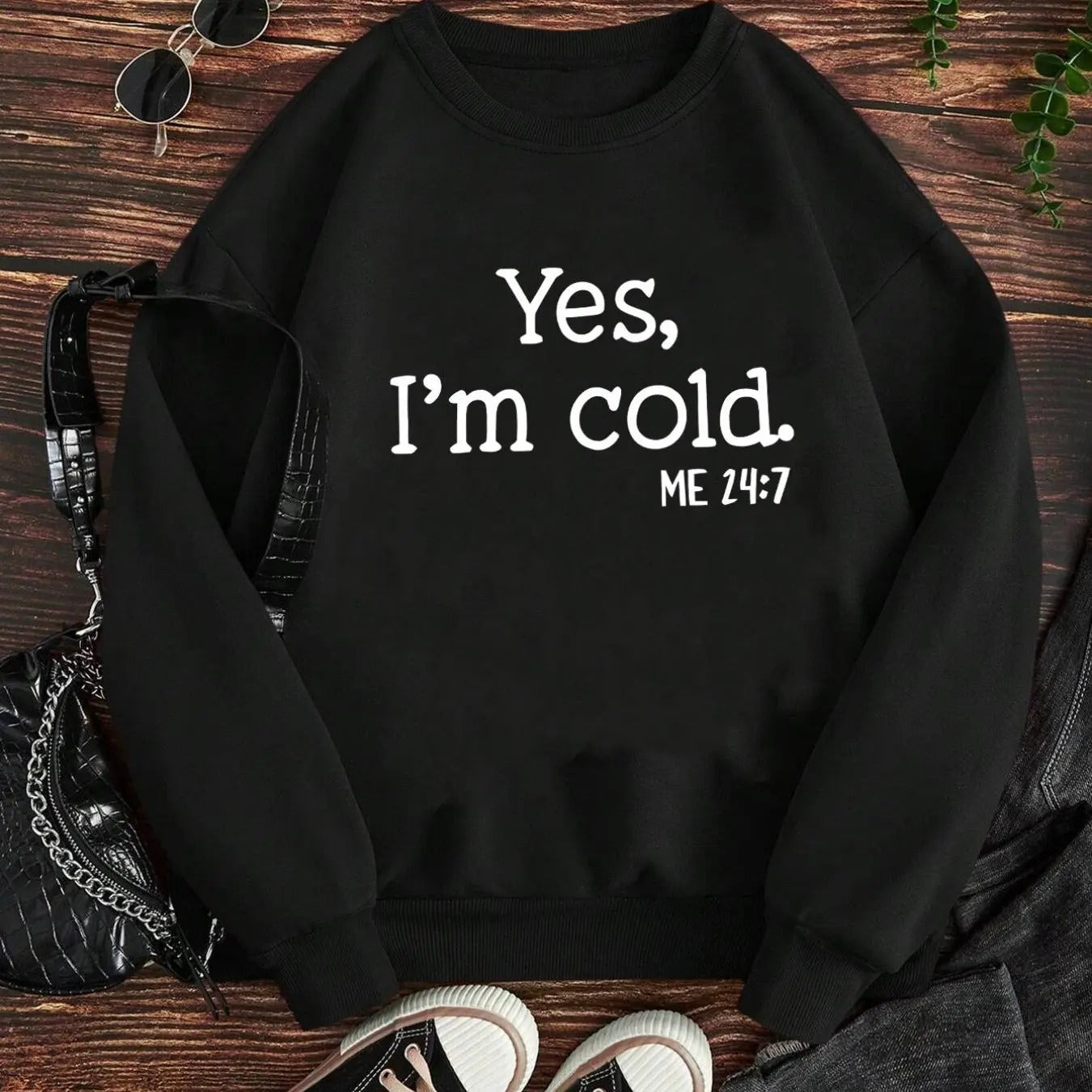 Women'WB shield "Yes, Swoosh'Bat brand Cold." Slogan Print Drop Shoulder Sweatshirt, Casual Long Sleeve Round Neck...