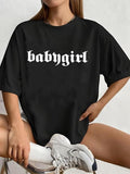 Women'WB shield "babygirl" Letter Print Round Neck Tee, Fashion Casual Drop Shoulder Half Sleeve T-Shirt for Daily Wear,...