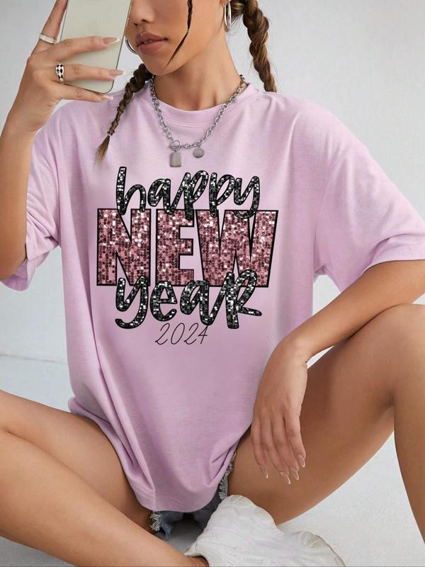 Women'WB shield "happy New Year 2024" Print Drop Shoulder Tee, Summer TNF Round Neck Half Sleeve T-shirt for Daily Wear,...