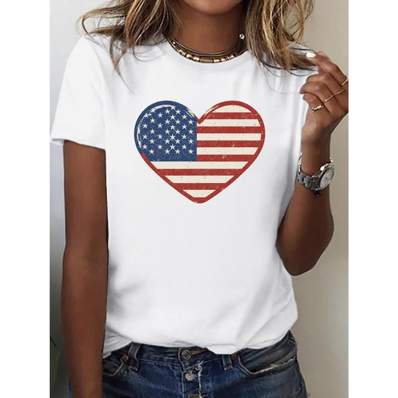 Women'WB shield 100% Comfort Fit T-Shirt - Patriotic American Flag Heart Design, Casual Round Neck Tee, Machine Washable,...