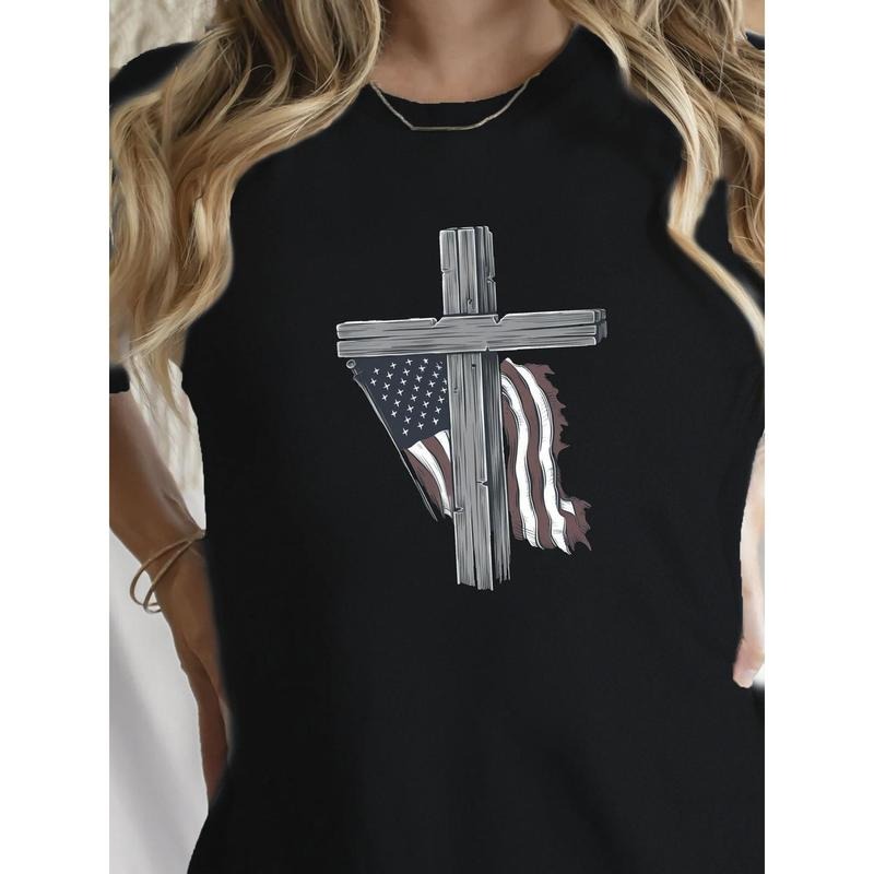Women'WB shield 100% Cotton Patriotic Wooden Cross & American Flag Print T-Shirt - Breathable Relaxed Fit Round Neck...