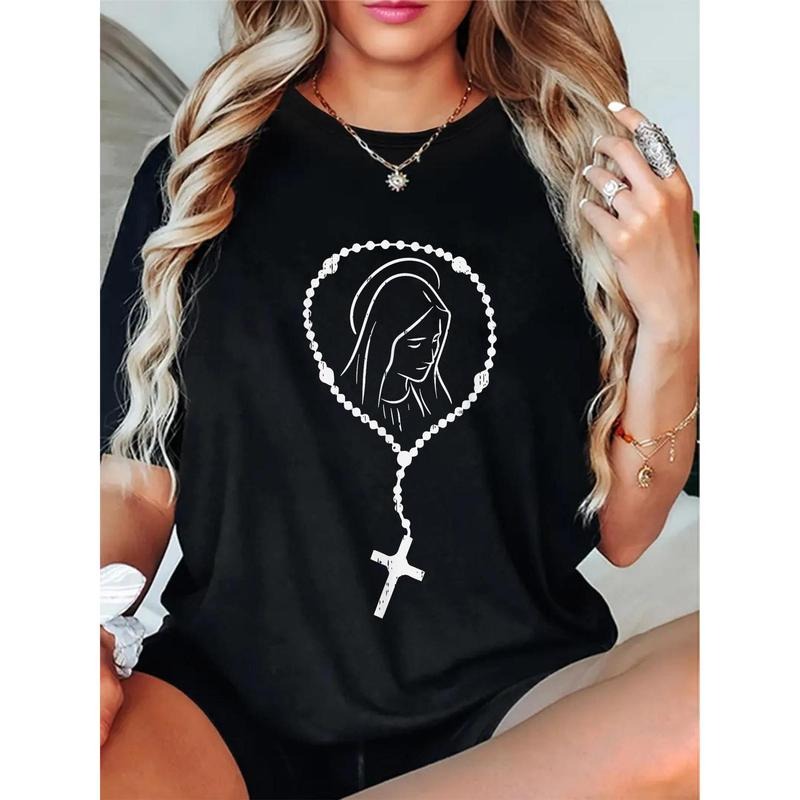 Women'WB shield 100% Rosary Virgin Mary Graphic T-Shirt - Black Faith-Inspired Design with Prayerful Figure & Cross...