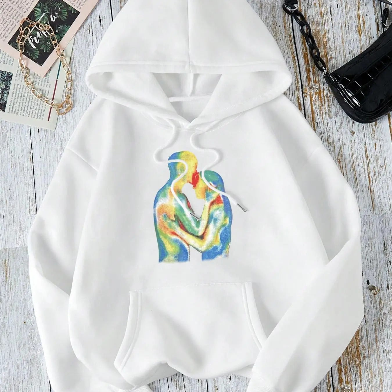 Women'WB shield Abstract Figure Print Drop Shoulder Drawstring TNF Lined Hoodie, Fashion Casual Pocket Hooded Sweatshirt...