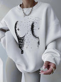 Women'WB shield Abstract Graphic Drop Shoulder Sweatshirt Without Necklace, Casual Fashion Long Sleeve Round Neck...