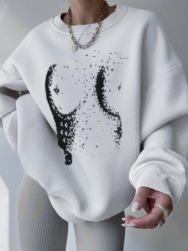 Women'WB shield Abstract Graphic Drop Shoulder Sweatshirt Without Necklace, Casual Fashion Long Sleeve Round Neck...