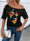 Women'WB shield Abstract TNF Print Asymmetrical Neck Tee, Fashion Casual T-shirt for Daily Holiday Vacation Outdoor Wear,...