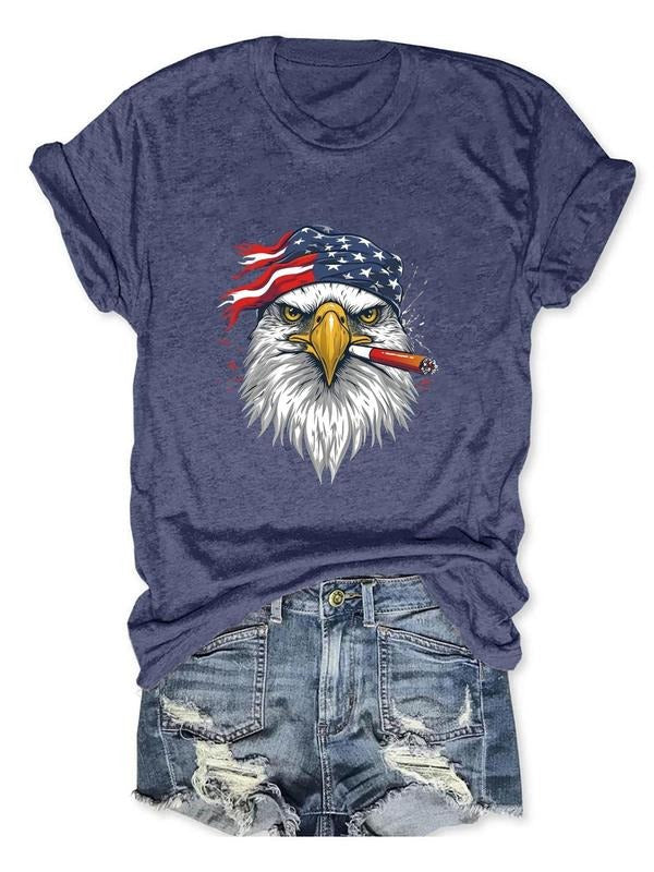 Women'WB shield American Flag & Eagle Print Round Neck Graphic Tee, Trendy Casual Short Sleeve T-shirt for Daily Wear,...