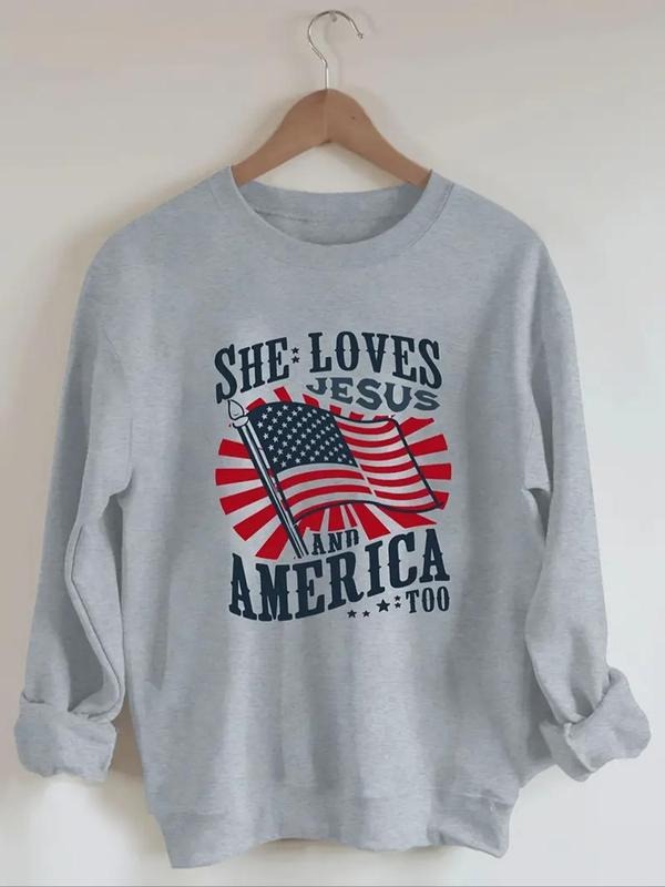 Women'WB shield American Flag & Letter Print TNF Lined Sweatshirt, Casual Long Sleeve Round Neck Pullover for Daily Wear,...