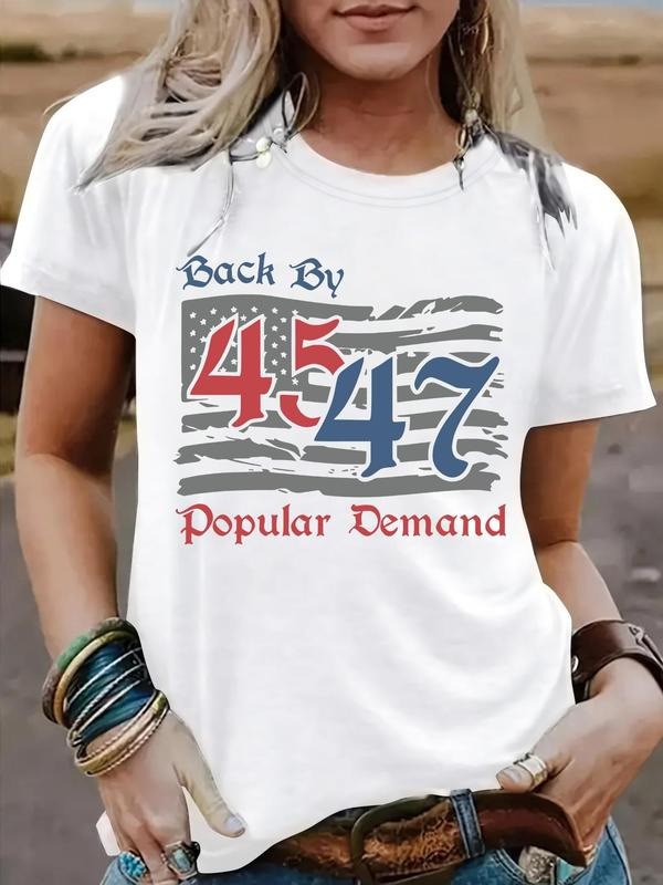 Women'WB shield American Flag & Number Print Round Neck Tee, Trendy Casual Short Sleeve T-Shirt for Daily Wear, Ladies...
