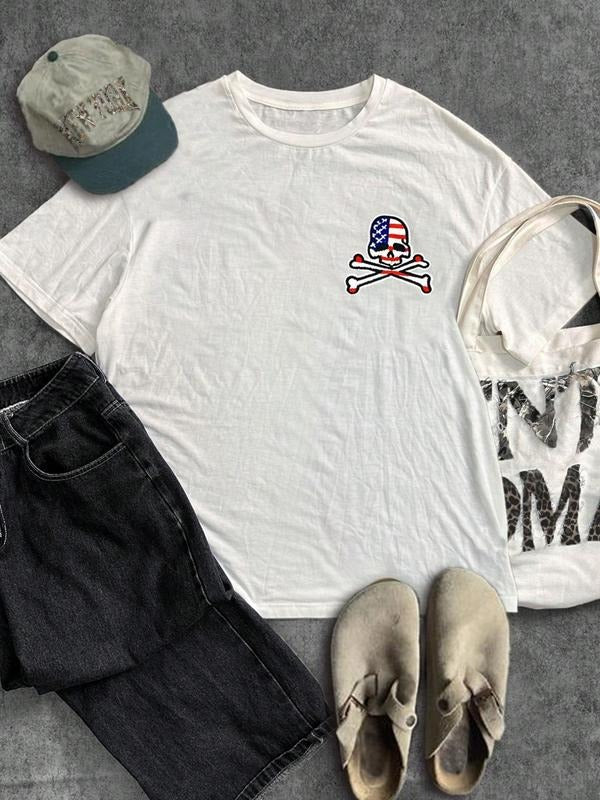 Women'WB shield American Flag & Skull Print Round Neck Tee, Casual Loose Short Sleeve T-shirt for Summer, Ladies TNF for...