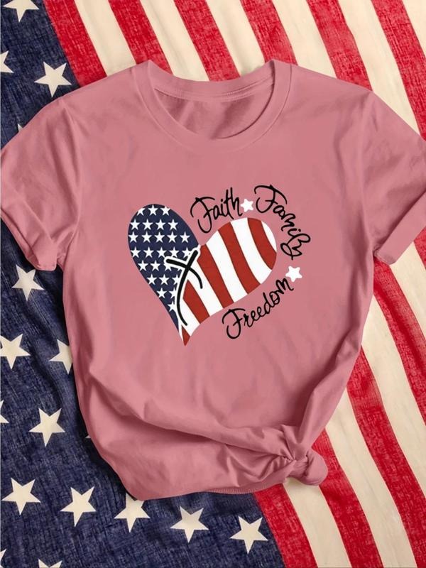 Women'WB shield American Flag Heart & Letter Print Round Neck Short Sleeve Tee, Fashion Casual Crew Neck T-shirt for...