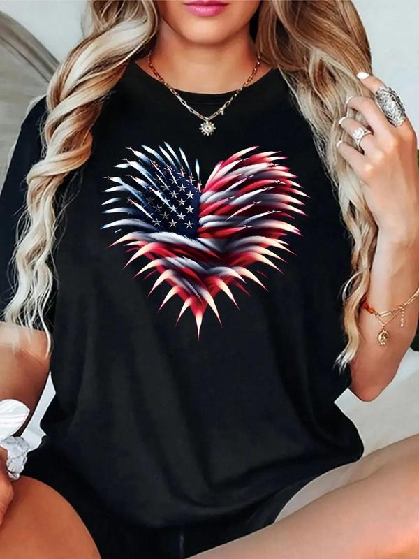 Women'WB shield American Flag Heart Print Round Neck Tee, Casual Loose Short Sleeve T-shirt for Daily Wear, Ladies TNF...