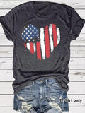 Women'WB shield American Flag Print Round Neck Tee, Casual Heart Print Crew Neck Short Sleeve T-Shirt for Daily Wear,...