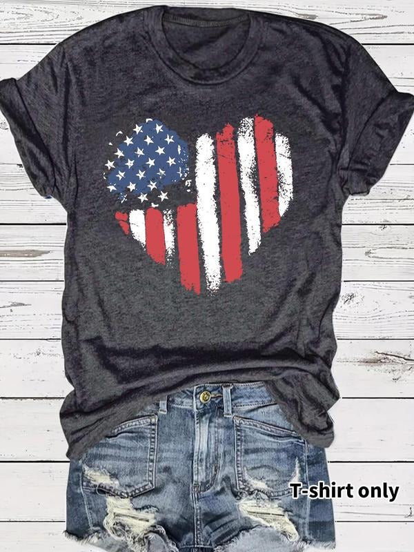 Women'WB shield American Flag Print Round Neck Tee, Casual Heart Print Crew Neck Short Sleeve T-Shirt for Daily Wear,...