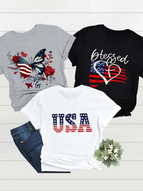 Women'WB shield American Flag Print Round Neck Tee, Casual Short Sleeve T-shirt for Summer, Ladies TNF for Daily Wear...