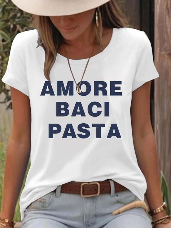 Women'WB shield Amore Baci Pastaa Print Round Neck Tee, Casual Fashion Short Sleeve T-shirt for Daily Wear, Ladies Summer...