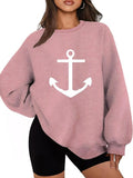 Women'WB shield Anchor Print Crew Neck Sweatshirt, Casual Drop Shoulder Long Sleeve Pullover, Women'WB shield Fall &...