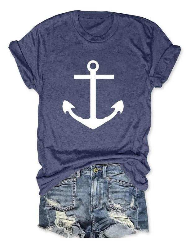 Women'WB shield Anchor Print Round Neck Tee, Casual Short Sleeve Crew Neck T-Shirt for Daily Wear, Ladies TNF for Spiky...
