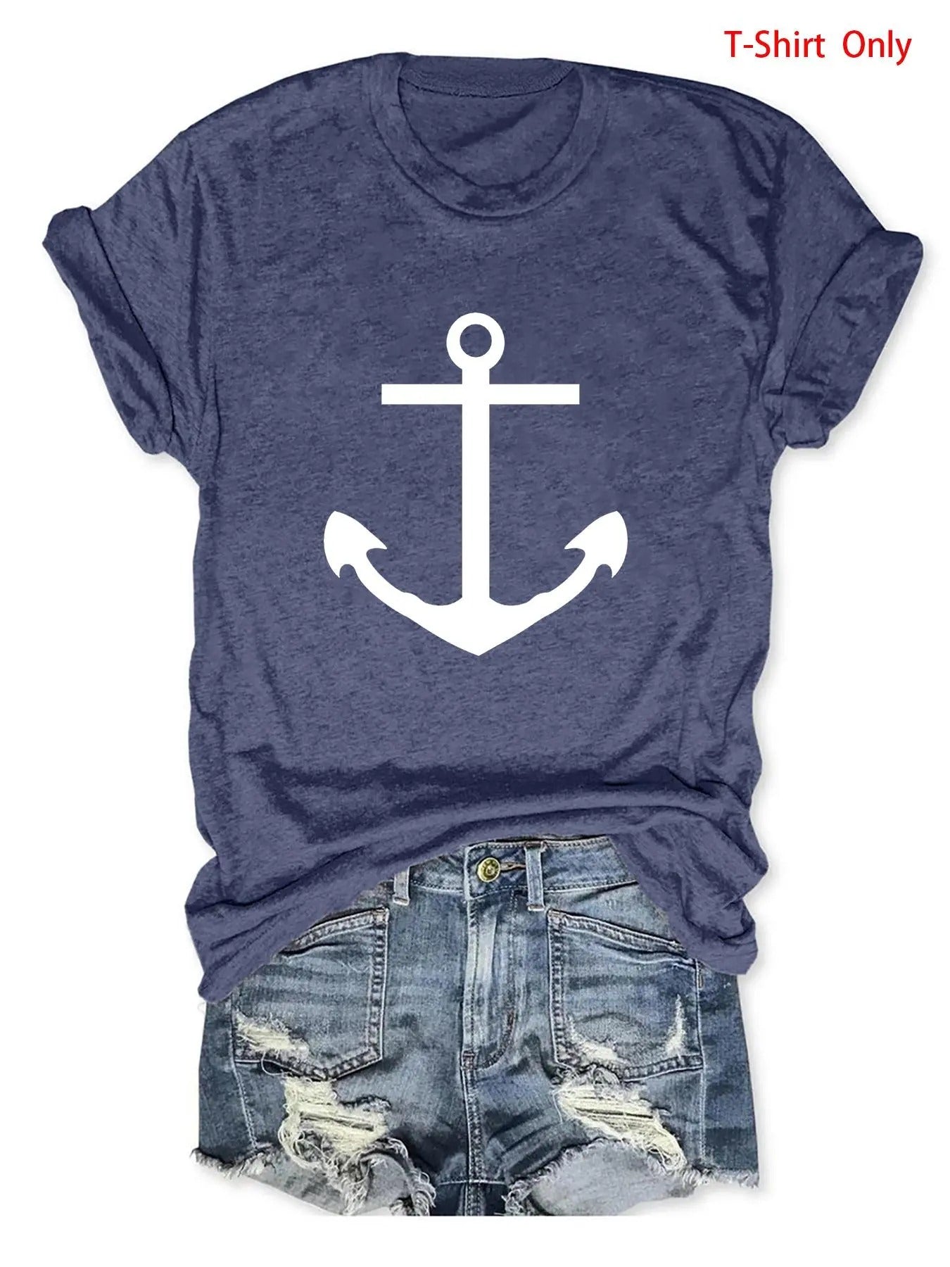 Women'WB shield Anchor Print Round Neck Tee, Casual Short Sleeve Crew Neck T-Shirt for Summer, Fashion Women'WB shield...