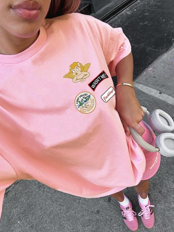 Women'WB shield Angel & Slogan Print Round Neck Tee, Fashion Casual Crew Neck T-Shirt for Daily Holiday Vacation Outdoor...