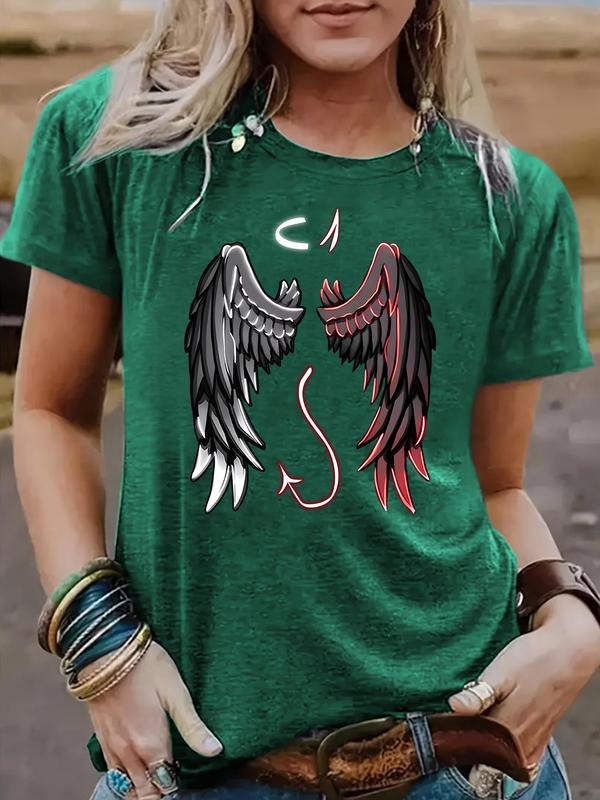 Women'WB shield Angel Wings Print Round Neck Tee, Casual Fashion Short Sleeve T-shirt for Summer, Ladies TNF for Daily...