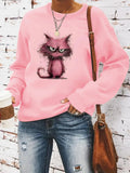 Women'WB shield Angry Cat Print Round Neck Pullover, Fashion Casual Crew Neck Sweatshirt for Daily Holiday Outdoor Wear,...