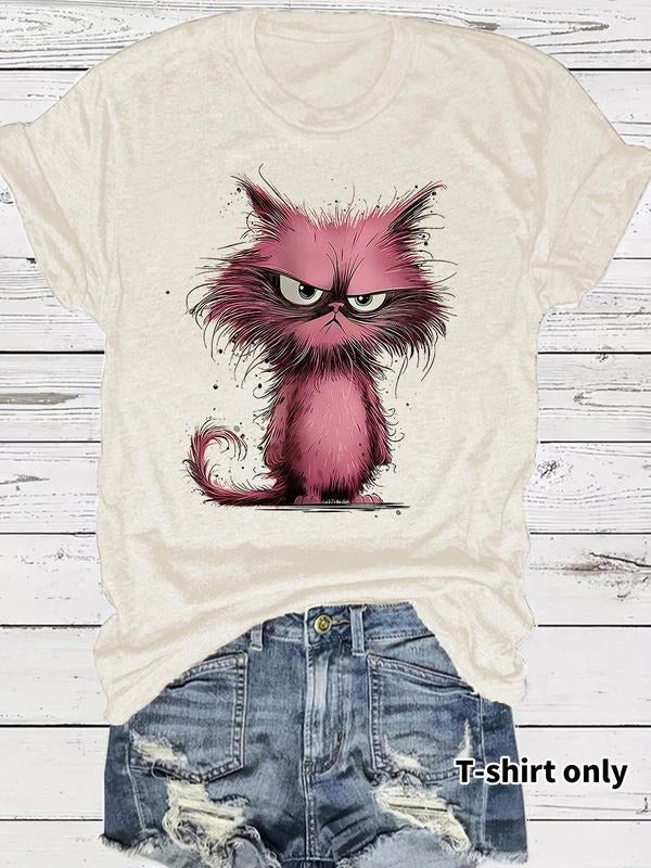 Women'WB shield Angry Cat Print Round Neck Tee, Fashion Casual Crew Neck T-Shirt for Daily Holiday Vacation Outdoor Wear,...