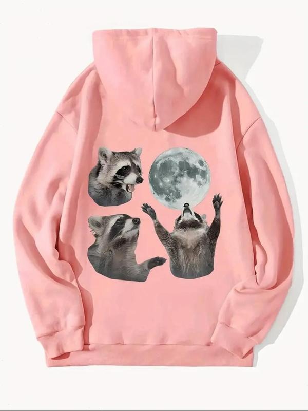 Women'WB shield Animal & Moon Print Drawstring Hoodie, Fashion Casual Hooded Sweatshirt for Daily Holiday Outdoor Wear,...