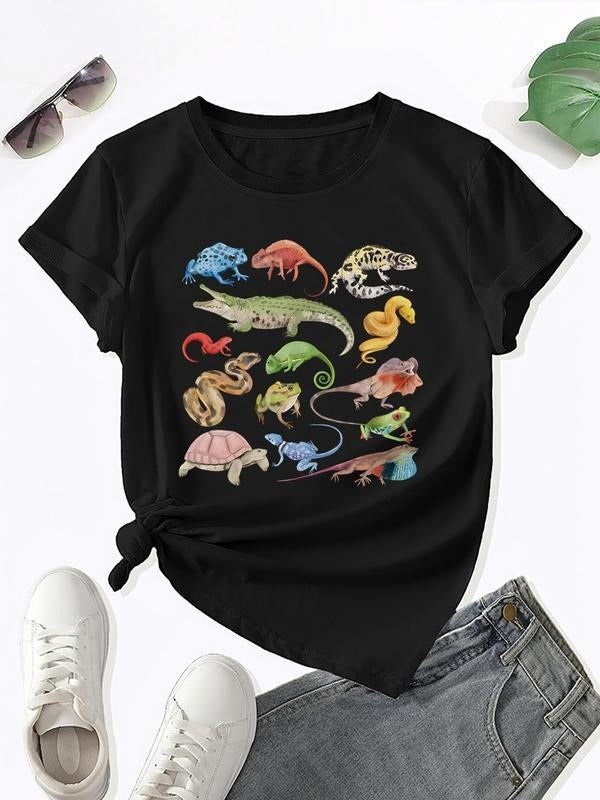 Women'WB shield Animal Print Round Neck Tee, Casual Short Sleeve Crew Neck T-shirt for Daily Wear, Ladies TNF for Spiky...