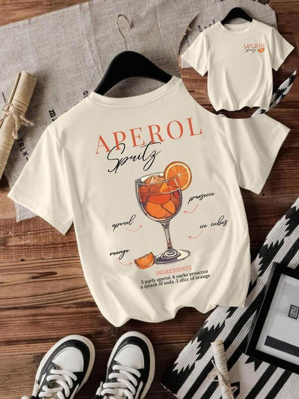 Women'WB shield Aperol Spritz Print Round Neck Tee, Casual Short Sleeve T-shirt for Summer, Ladies TNF for Daily Wear,...