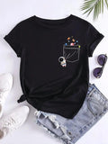 Women'WB shield Astronaut & Planet Print Round Neck Tee, Casual Short Sleeve Crew Neck T-Shirt for Summer, Fashion...