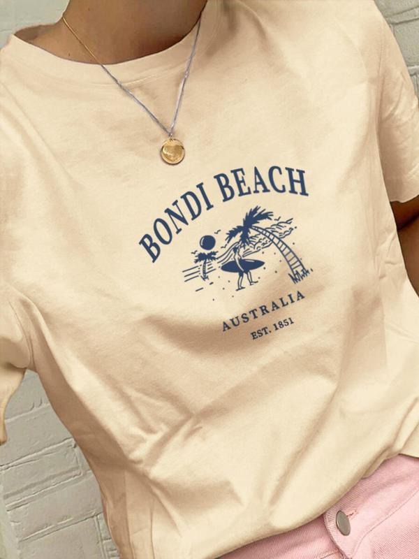 Women'WB shield Australia & Letter Print Round Neck Tee, Casual Slogan Graphic Crew Neck T-Shirt for Summer, Fashion...
