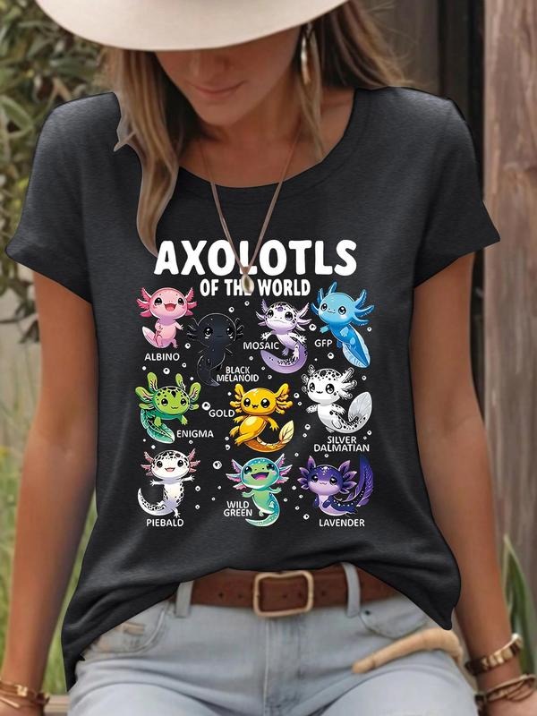 Women'WB shield Axolotl & Letter Print Round Neck Tee, Fashion Casual Short Sleeve T-shirt for Daily Wear, Ladies Summer...