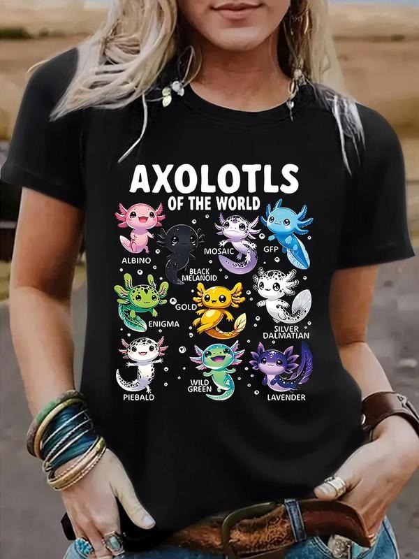 Women'WB shield Axolotl Graphic Print Round Neck Tee, Fashion Casual Short Sleeve T-shirt, Ladies Summer TNF for Daily...