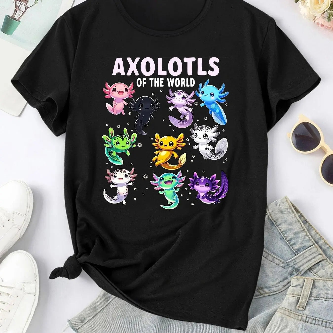 Women'WB shield Axolotls FOG TNF World Letter & Animal Print Crew Neck Tee, Casual Short Sleeve T-shirt for Daily Wear,...